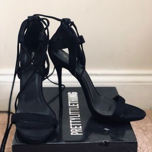 PLT Single Sole Black Suede Tie Up Heels, size 8